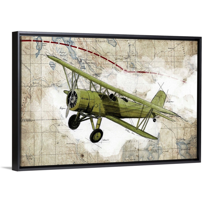 Biplane, impression d’art graphique sur toile, H 22 po x l 32 po x P 1,75po, Toile avec cadre flottant noir