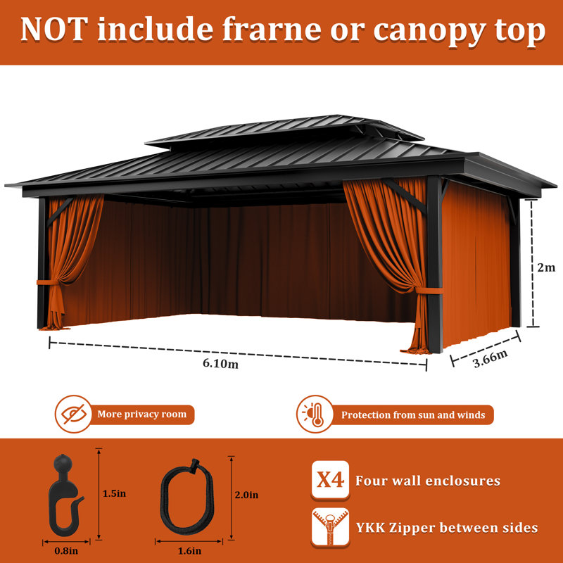 Rideaux à 4 panneaux latéraux pour pavillon de jardin, seulement rideaux, H 78,74 po x l 240 po x P 144 po, Orange