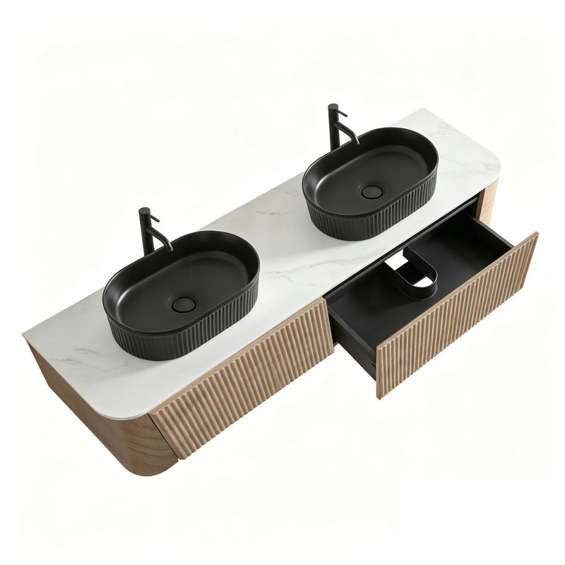 Meuble-lavabo double en céramique, Walnut, 71" W