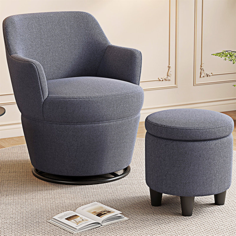 Fauteuil d'appoint pivotant moderne avec repose-pieds, Lin de coton bleu