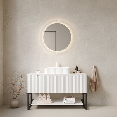 48" Bathroom Vanity With Vessel Sink, Freestanding Bathroom Storage Cabinet With 3 Doors And Open Shelf, White Rectangular Ceramic Basin And Carrara White Sintered Stone Counter Top, White Color