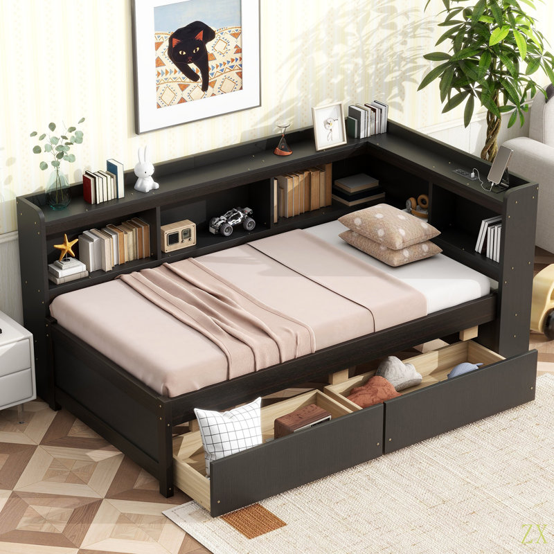 Twin Size L-Shaped Bookcases Bed With Power Outlets, USB Charging Ports,Two Drawers, Black