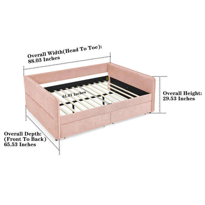 Lit de jour grand rembourré avec tiroirs Modern Boucle, Rose
