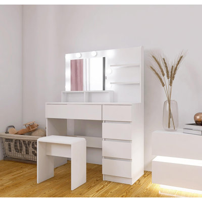 37'' White Makeup Vanity Set with Mirror & Light - Power Strip, 3 Modes Dimmable, Ample Storage, Includes Stool