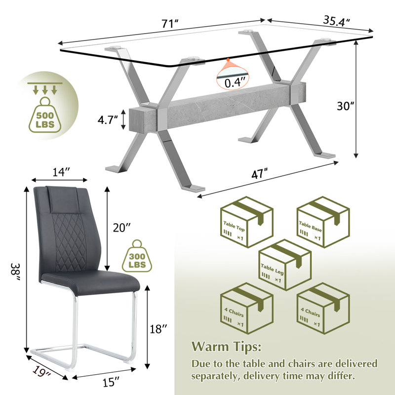 Ensemble de table de salle à manger 7 pièces 7 pièces, Argent argent, Noir / argenté