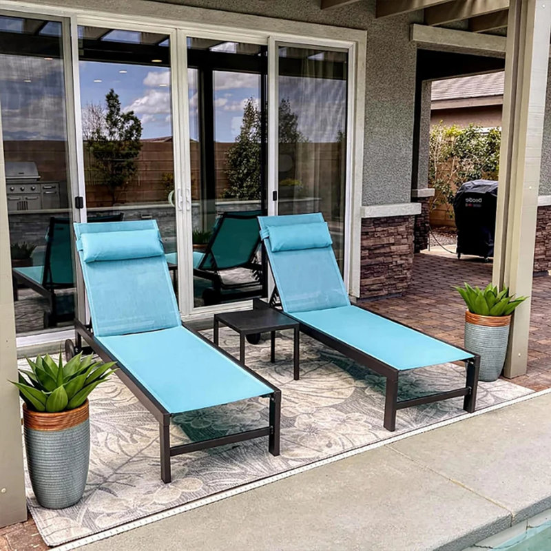 Ensemble de chaises longues inclinables en aluminium et en métal l 24,8 po avec roulettes (ensemble de 3) , Bleu