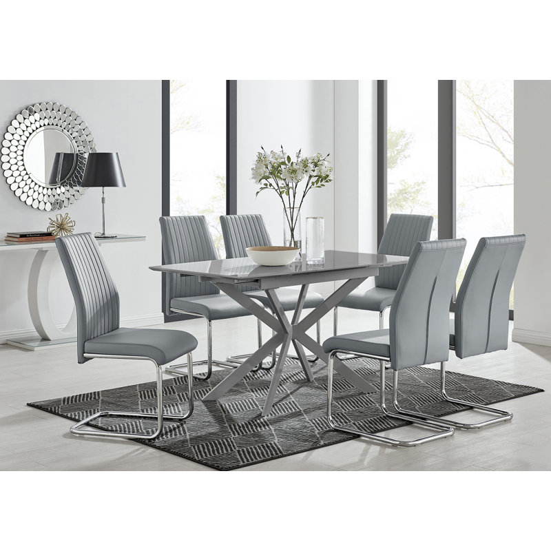 Eubanks Modern High Gloss Extendable Dining Table Set with x6 Luxury Faux Leather Dining Chairs, Grey
