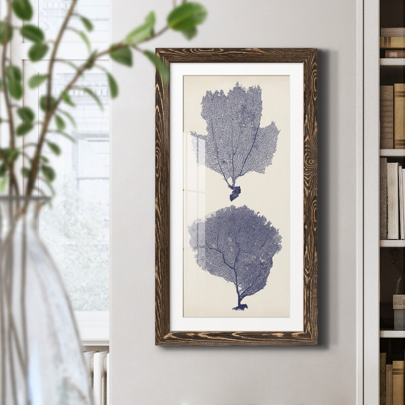 Indigo Seafans I - Cadre photo, impression sur papier, Noyer