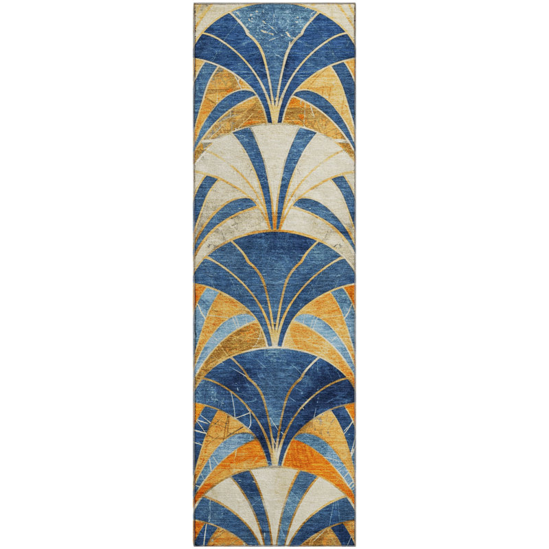 Premium Machine Washable Mayfield geometric Rug, Blue, 2'3" x 7'6" Runner