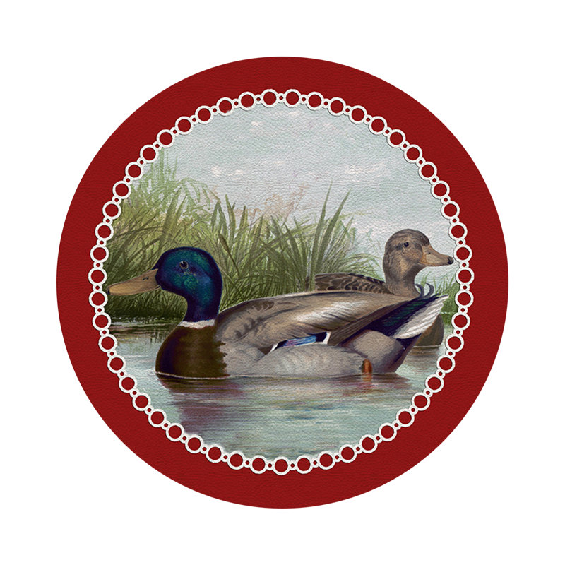 English Duck Pond Vegan Leather Round Pebble Placemat, Red