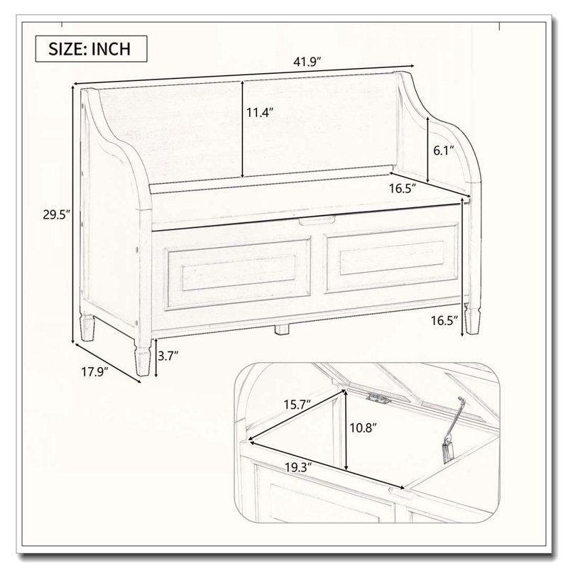 Banc de rangement en bois massif rustique avec charnière de sécurité et coussin amovible, Brun