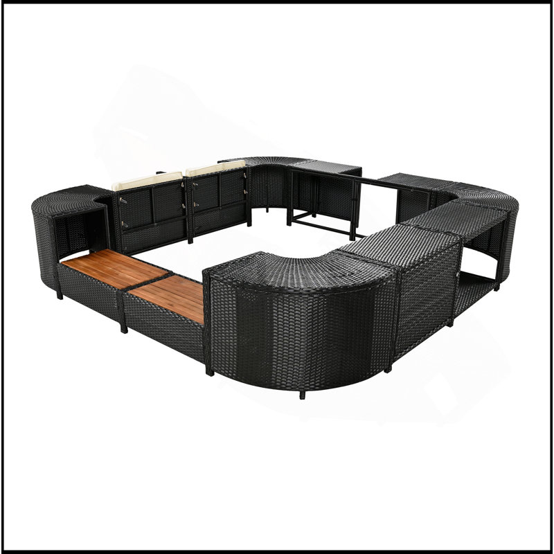 Spa Surround Spa Frame Quadrilateral Outdoor Rattan Sectional Sofa Set With Mini Sofa,Wooden Seats And Storage Spaces, Beige