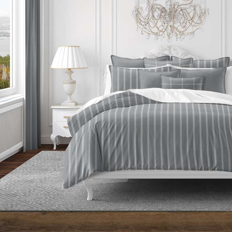 Shay Broad Ticking Stripe Gray Cotton Comforter Set  8 Piece, Queen Comforter + 7 Additional Pieces