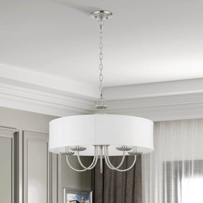 Sampson 23" W 5-Light Metal Drum Chandelier with Linen Blend Shade , Brushed Nickel