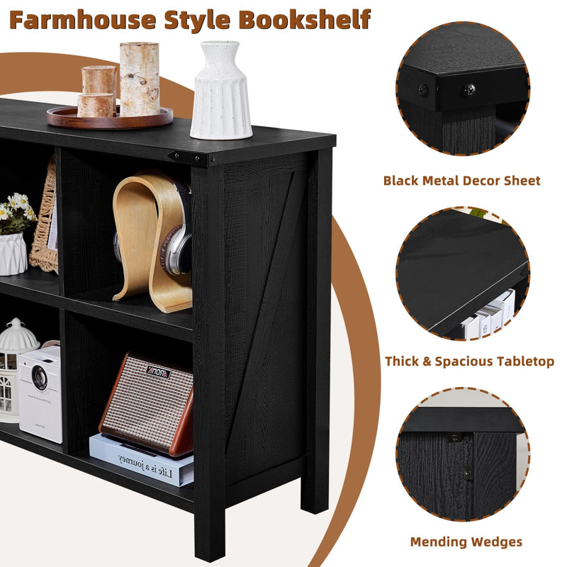 Farmhouse Wood Long Storage Organizer Bookcase, Black, (2 Shelves)  29.7" H x 62" W x 13.6" D