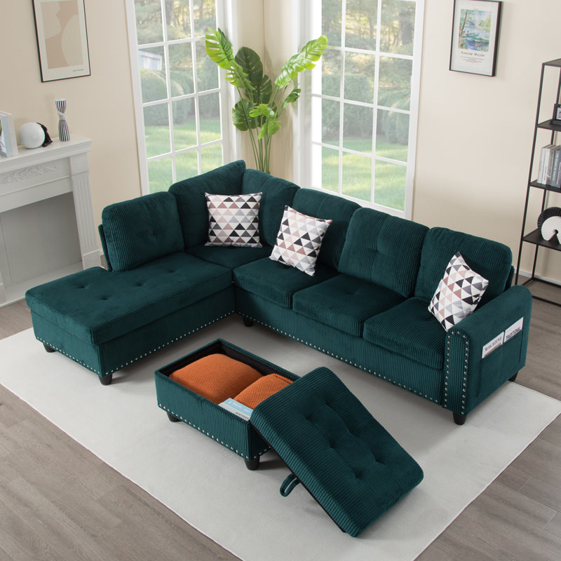 3 - Piece Upholstered Sectional, Green Corduroy