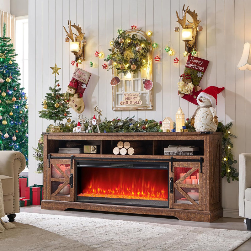 Taye 2-Cabinet TV Stand Fireplace, Brown