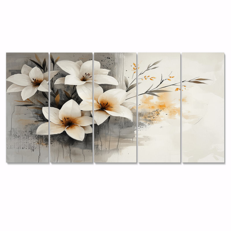 Jardin blanc doré de Lilie I - art mural doré - ensemble d'art mural traditionnel, H 32 po x l 80 po, 5