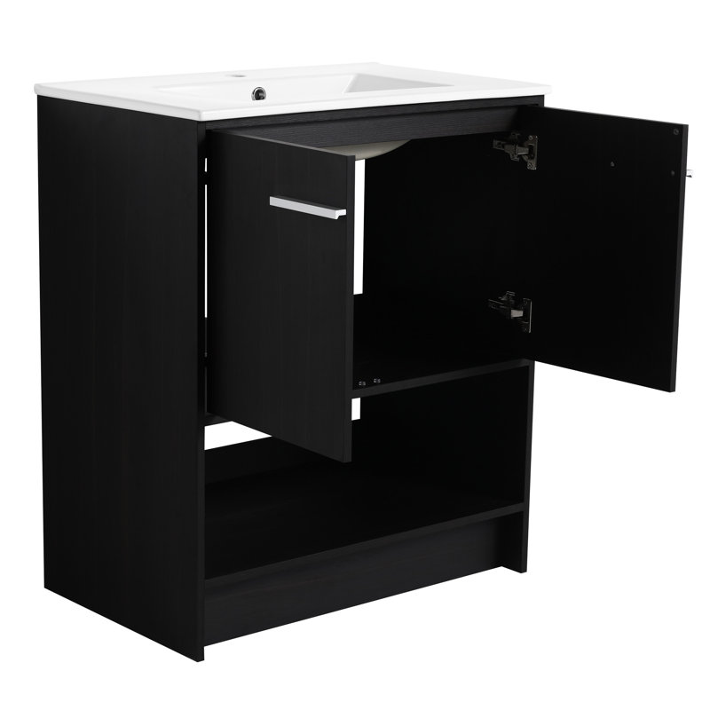Meuble-lavabo autoportant de 30 po avec lavabo en céramique. Unité de 2 portes à fermeture en douceur. Contreplaqué de chêne noir. Assemblage solide et facile. Joli lavabo. Portes American Furniture. Fabrication en contreplaqué. Fiable