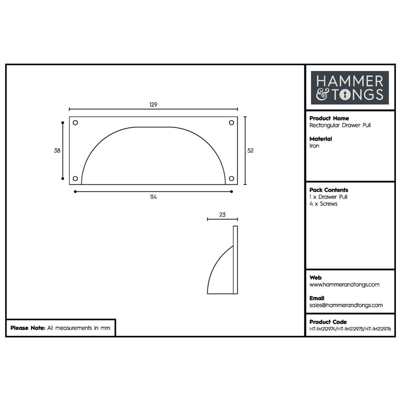 Hammer & Tongs - Rectangular Cabinet Cup Handle - W130mm x H50mm - Black