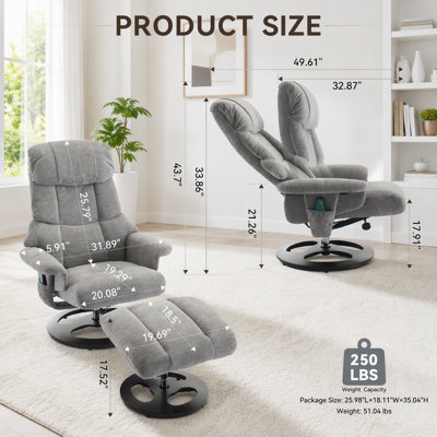 Fauteuil inclinable ergonomique avec repose-pieds, fauteuil lounge moderne pivotant à 360° avec marchepied, tissu chenille, massage par vibrations à 5 points, siège chauffant et dossier inclinable à 140°