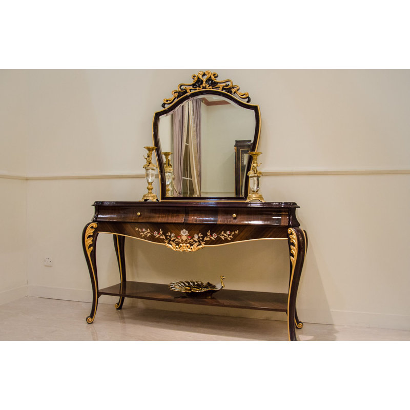 Solid Wood Top Console Table and Mirror Set