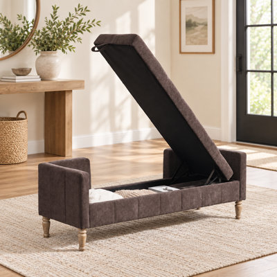 Banc de rangement rabattable en chenille de 64,47 po de largeur, revêtu de chenille avec dossier capitonné, accoudoirs et traversins, café