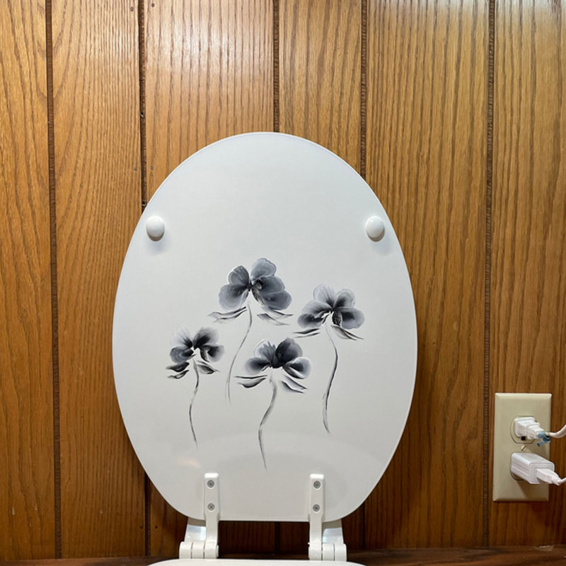 Siège de toilette rond standard, décoré d'un motif de fleurs sauvages noir et blanc, peint à la main
