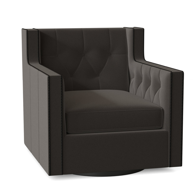 Candace 33.5" Wide Tufted Top Grain Leather Swivel Club Chair, Antique Nickel, Beige/Tan Leather 202-202