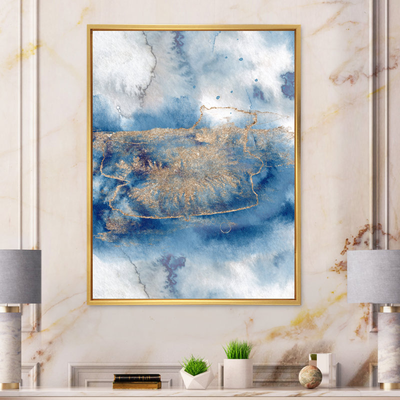 Abstrait classique bleu et or I - peinture sur toile, H 20 po x l 12 po, Cadre flottant doré