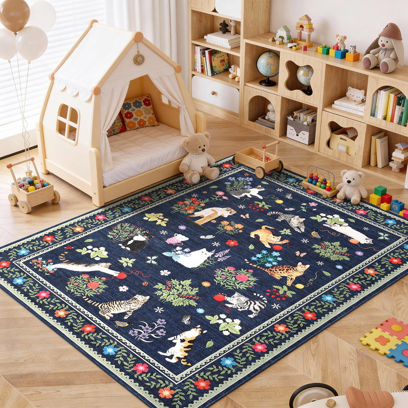 Modern Animal 5×7 Cat Pattern Area Rugs for Living Room Bedroom Playroom Non Slip Floral Bordered Washable Soft Indoor Carpet