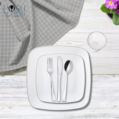 Posh Setting 840 Piece White And Silver Plastic Party Bundle - Classic Square (120 Settings)