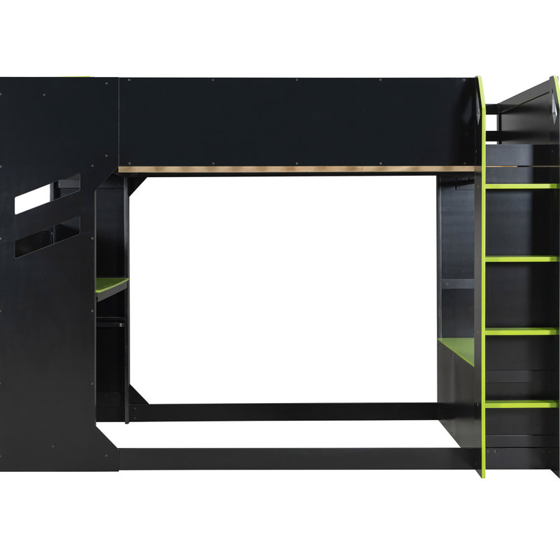 Lit mezzanine double avec bureau à hauteur réglable, lumières et tringle à rideaux Idéal pour les jeux Tête de lit avec rangement en bois, chambres pour adolescents