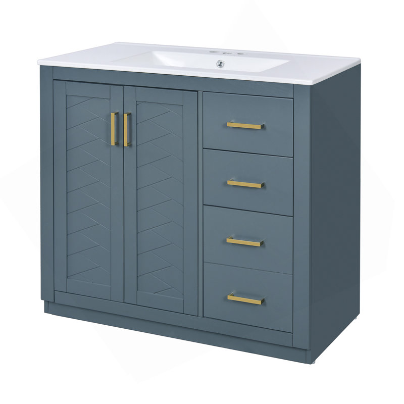 Ensemble de meuble-lavabo 36 po avec lavabo en céramique, meuble de rangement à structure en bois, ensemble de meuble-lavabo autoportant avec 3 tiroirs et portes à fermeture douce