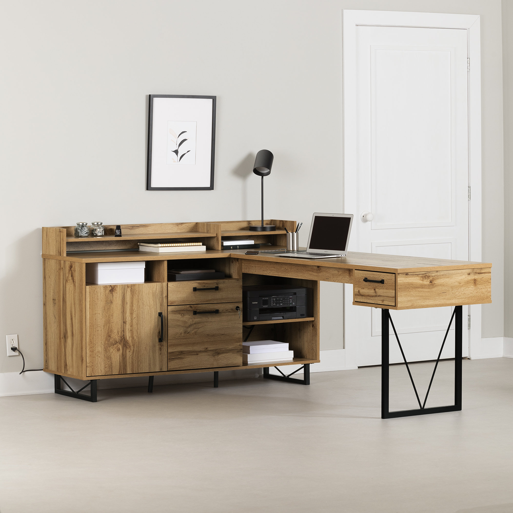 55.1 in. L-Shaped White Wood Writing Desk Executive Desk with USB Inte