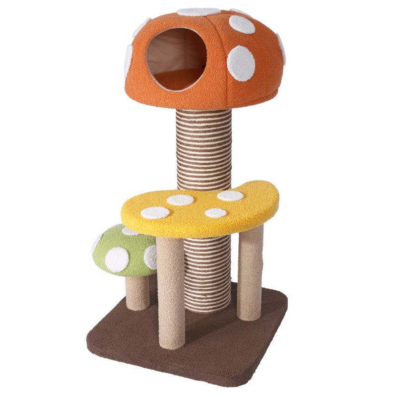 44"Whimsical Mushroom Cat Tree With Scratching Post And Cat Condo