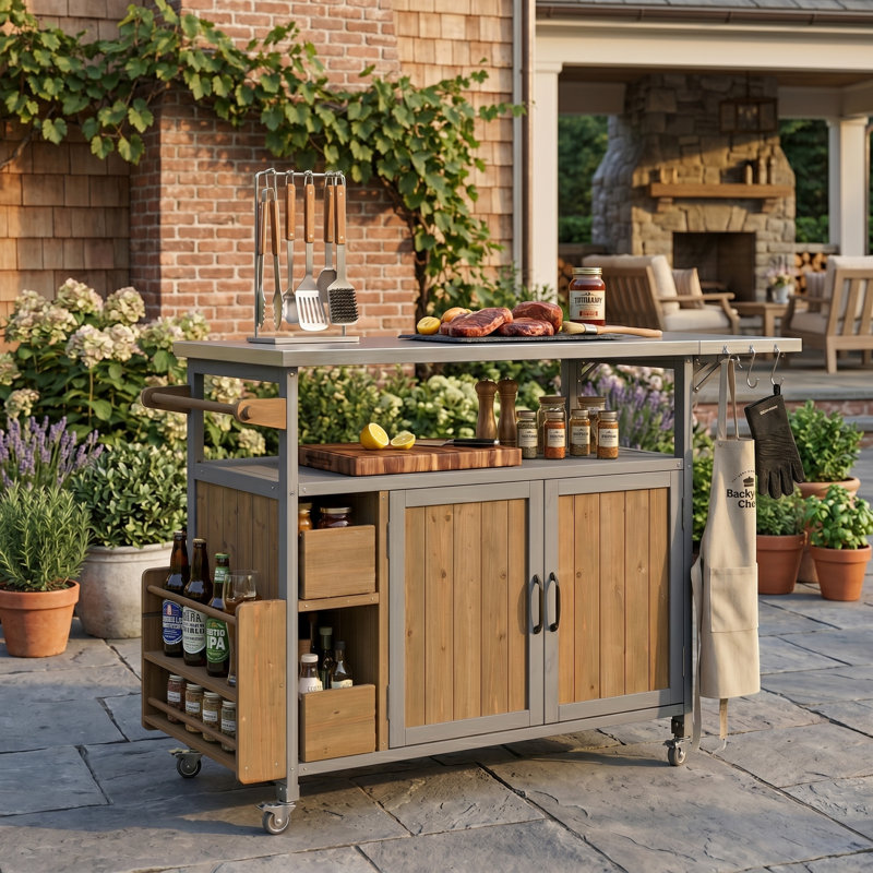 Chariot de cuisine extérieur en bois massif 54,33 "avec plateau en acier inoxydable, bleu gris / noyer, Bleu gris, brun noyer