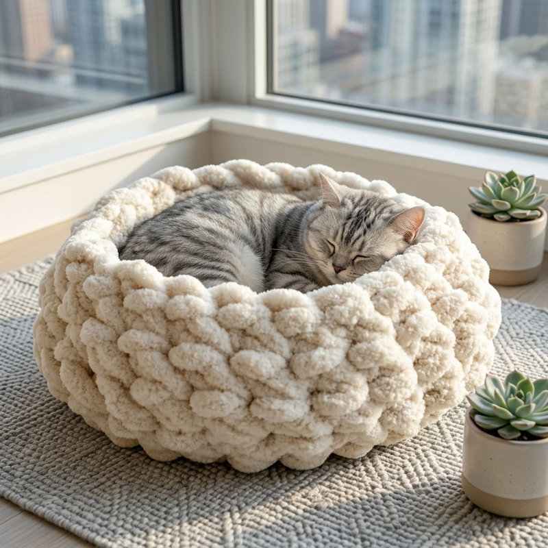 Lit gigogne pour chat - Maison grotte ronde très douce, lavable à la main, lavable à la main de première qualité pour chatons et chats d'intérieur, petites et grandes tailles, blanc nuage, moyen