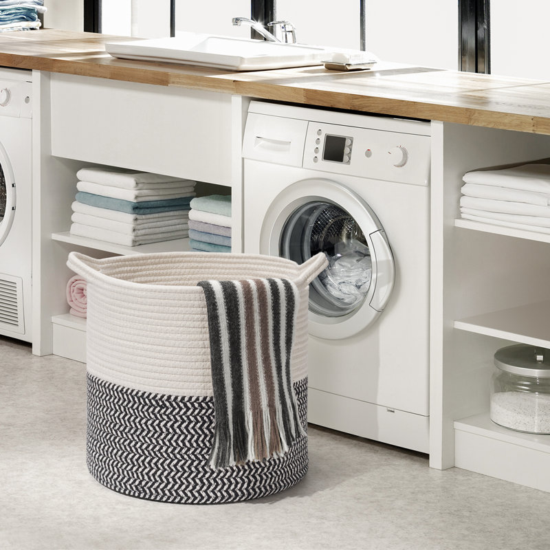 Fabric Laundry Basket with Handles, White/Black, Small (13" H x 14" W x 14" D)