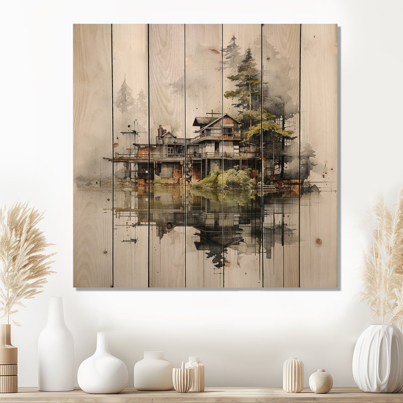 Minimalisme, Moody Lakehouse, ciel couvert - art mural en bois sur bois de pin naturel, H 15 po x l 15 po