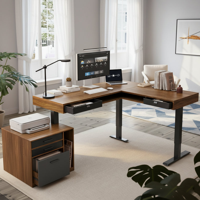 Bureau debout électrique en L de 63 po x 55 po avec 2 tiroirs sous le bureau, un rangement ouvert et un classeur latéral, un bureau d'angle à hauteur ajustable avec un multiprise et une gestion des câbles