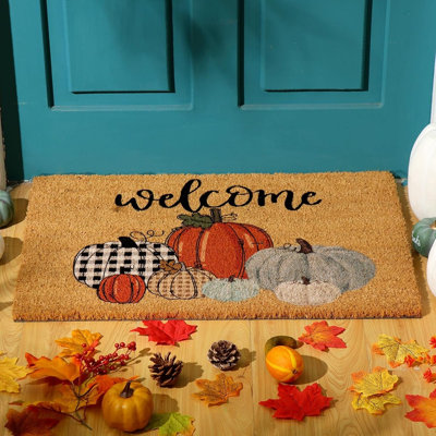 Fall Coir Doormat, Pumpkin Welcome Mat with Non-Slip Backing for Front Door, Porch & Entryway, Autumn Thanksgiving Outdoor Decor