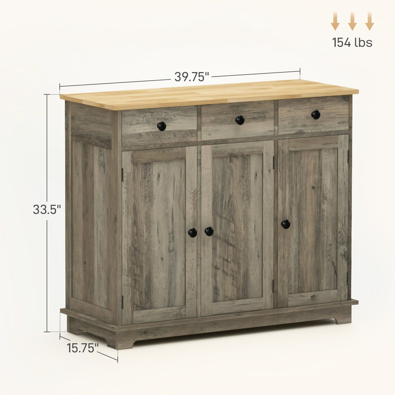 Modern Gray Storage Cabinet - Sideboard With Solid Wood Countertop, 3 Drawers, Doors, Adjustable Shelf For Daily