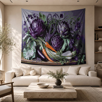 Tapisserie murale légumes et fleurs violettes
