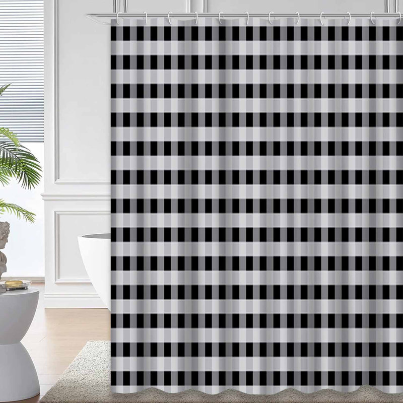 Rideau de douche noir à motif abstrait en toile de vichy noire avec 12 crochets, L 72 po x l 84 po