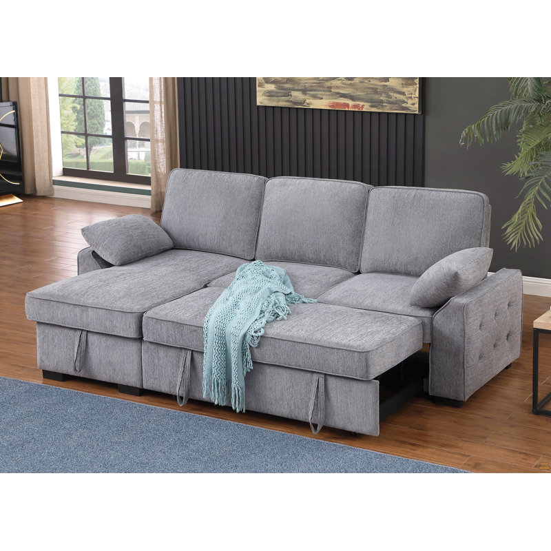 Chenille Fabric Reversible Sleeper Sectional With Storage Chaise, Drop-Down Table, Cup Holders And Charging Ports