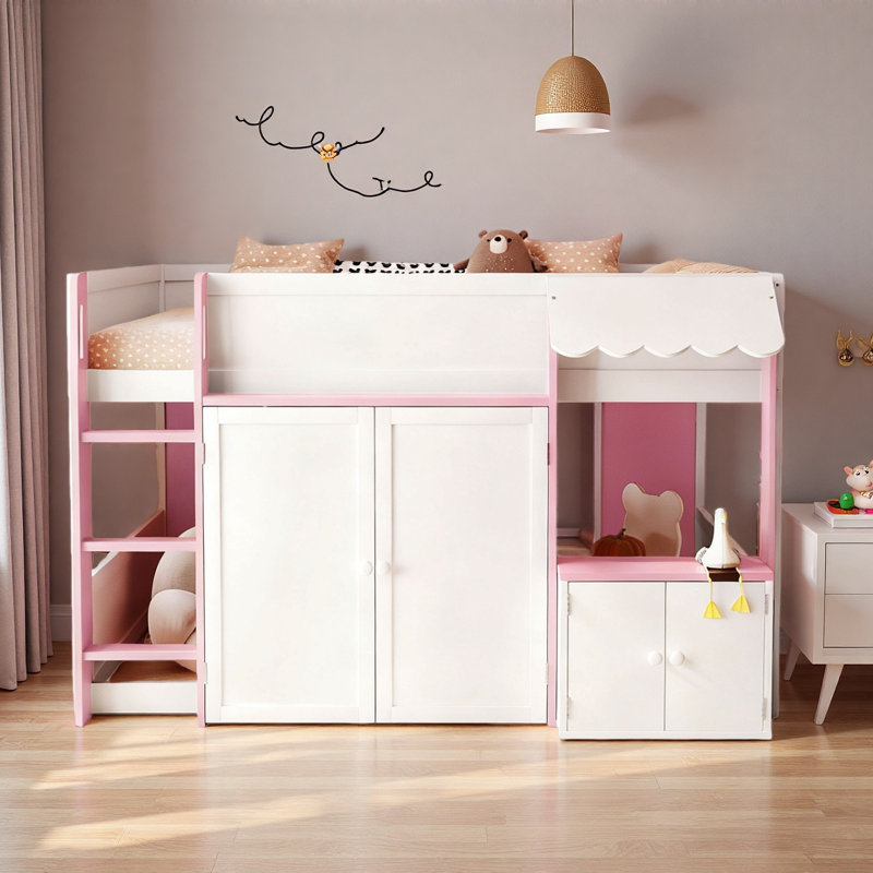 Modern House Style Low Loft Bed With Storage Cabinet, Full Size, Pink/White