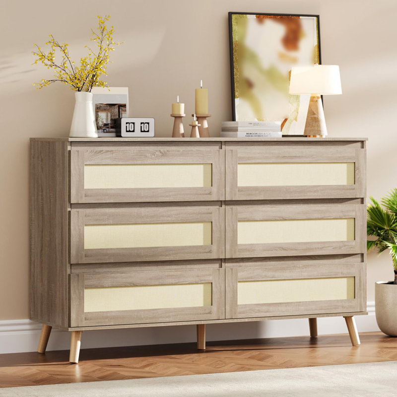 Commode 6 tiroirs pour la chambre à coucher, commode de 47 po de largeur en rotin, commode de rangement en bois, console multimédia pour le couloir du salon