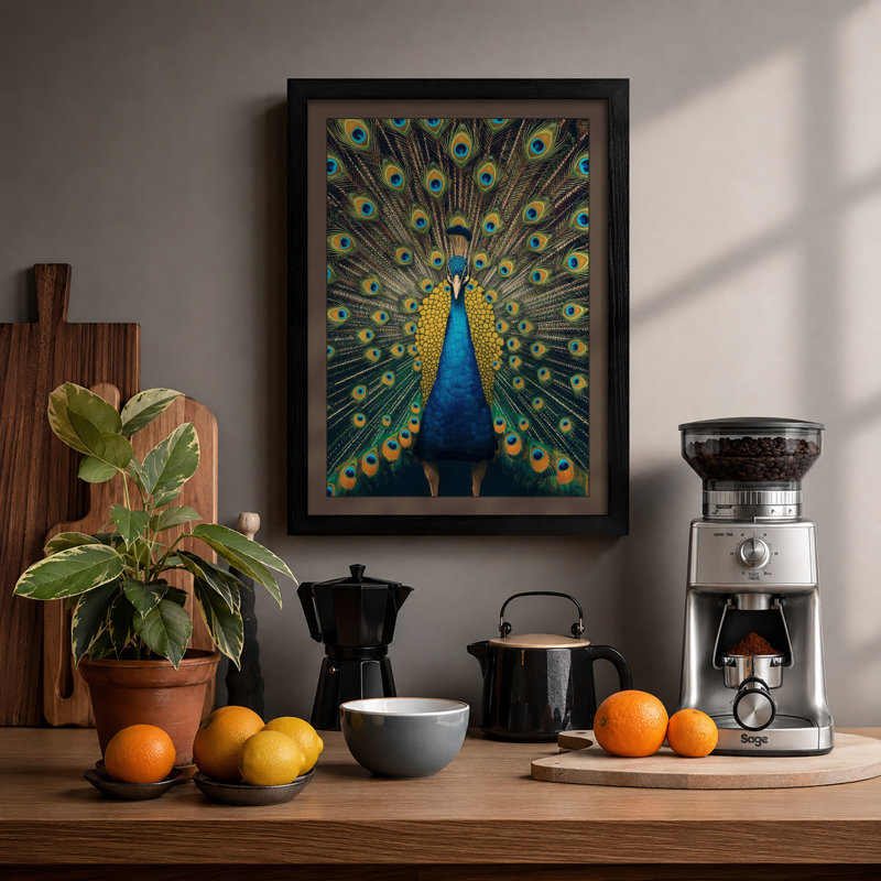 Peacock in Display Modern - Framed Print, A4 - 29.7 x 21.0 cm, Black