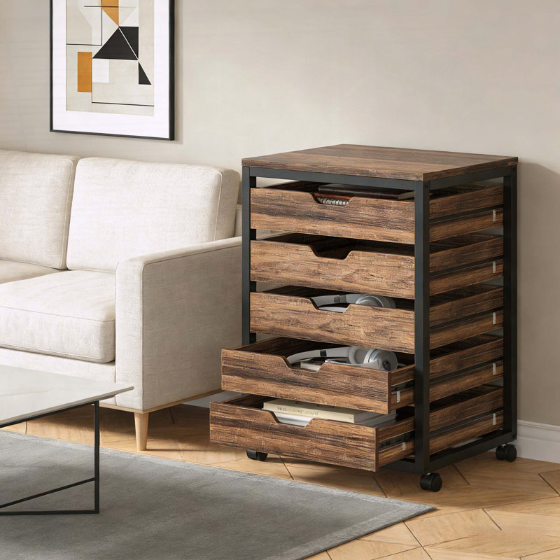 Commode de rangement mobile à 5 tiroirs avec style industriel, noir et bois